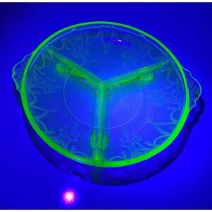 Antique Green Vaseline Uranium Glass Tri Footed Tri Divided Dish UV Reactive